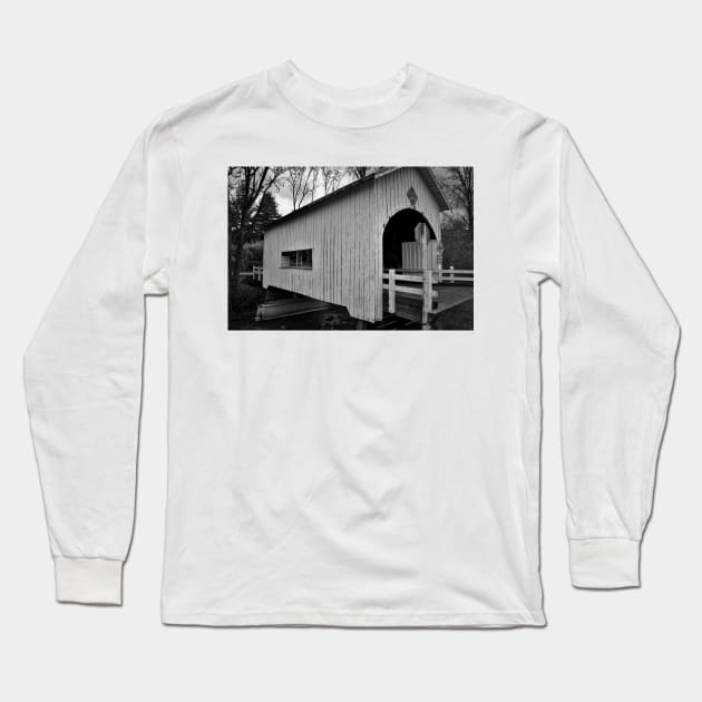 Black And White Short Covered Bridge Long Sleeve T-Shirt by KirtTisdale